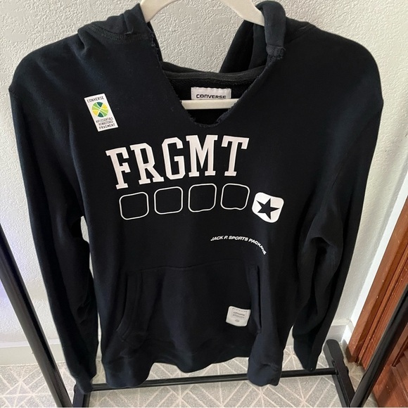 FRAGMENT x CONVERSE sz S Black Pullover Fleece Hoodie Long Sleeve Bolt - Picture 3 of 9